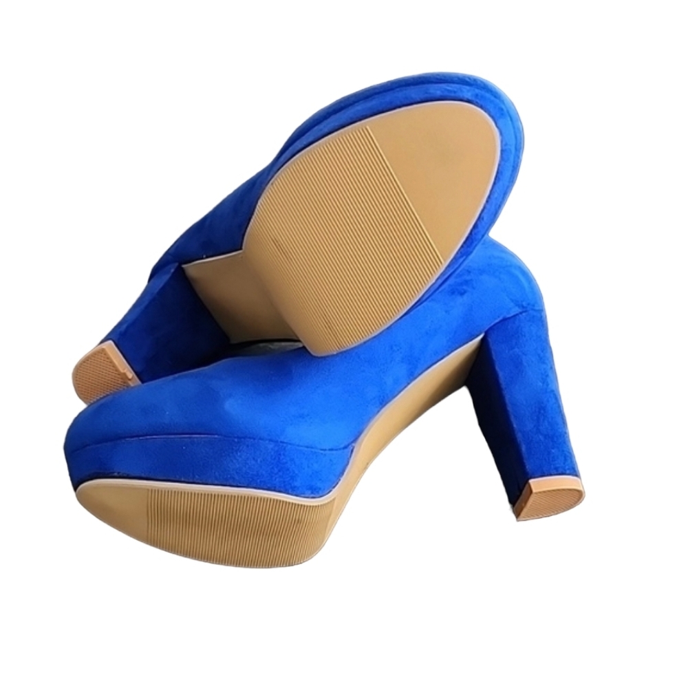COBALT BLUE VEGAN SUEDE Platform Pumps 7.5 Heels Y2K Vibe Chunky Heel - Picture 12 of 16